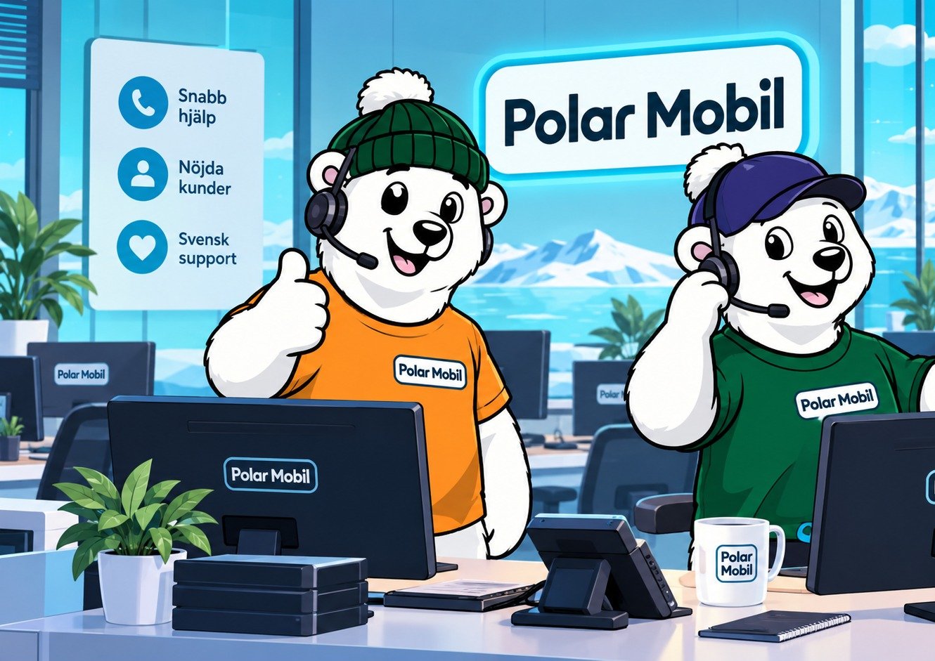 Polar Mobils kundservice – två glada isbjörnar med headset